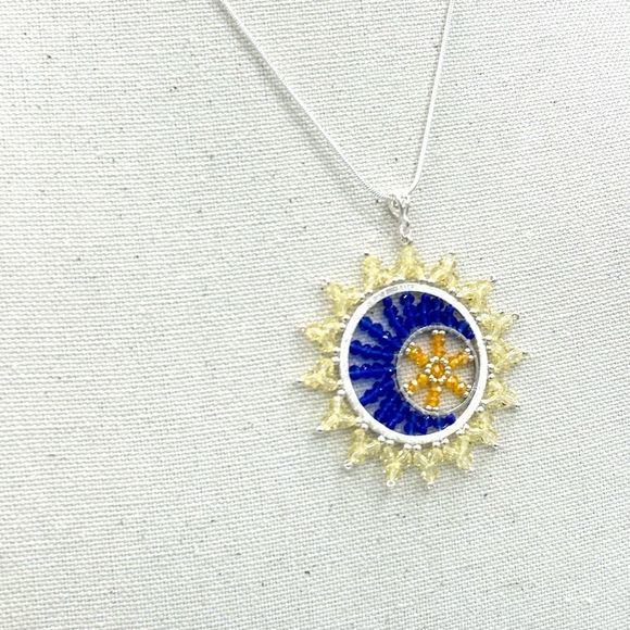 Hand Crafted Crystal Sun and Moon Pendant Necklace Yellow and Blue - Picture 3 of 7